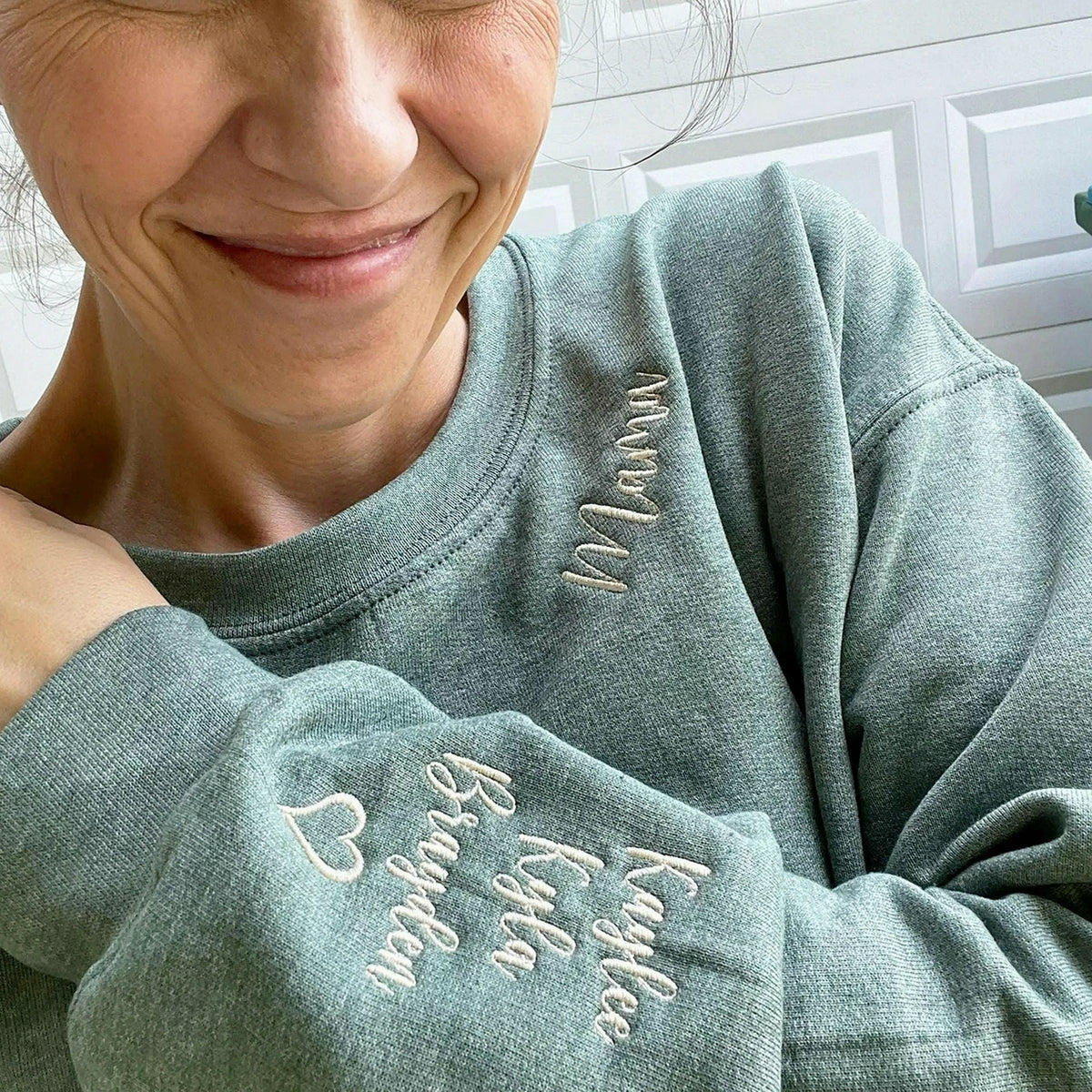 Custom Embroidered Collar & Sleeve Sweatshirt, Personalized Birthday Mama Grandma Auntie Gift