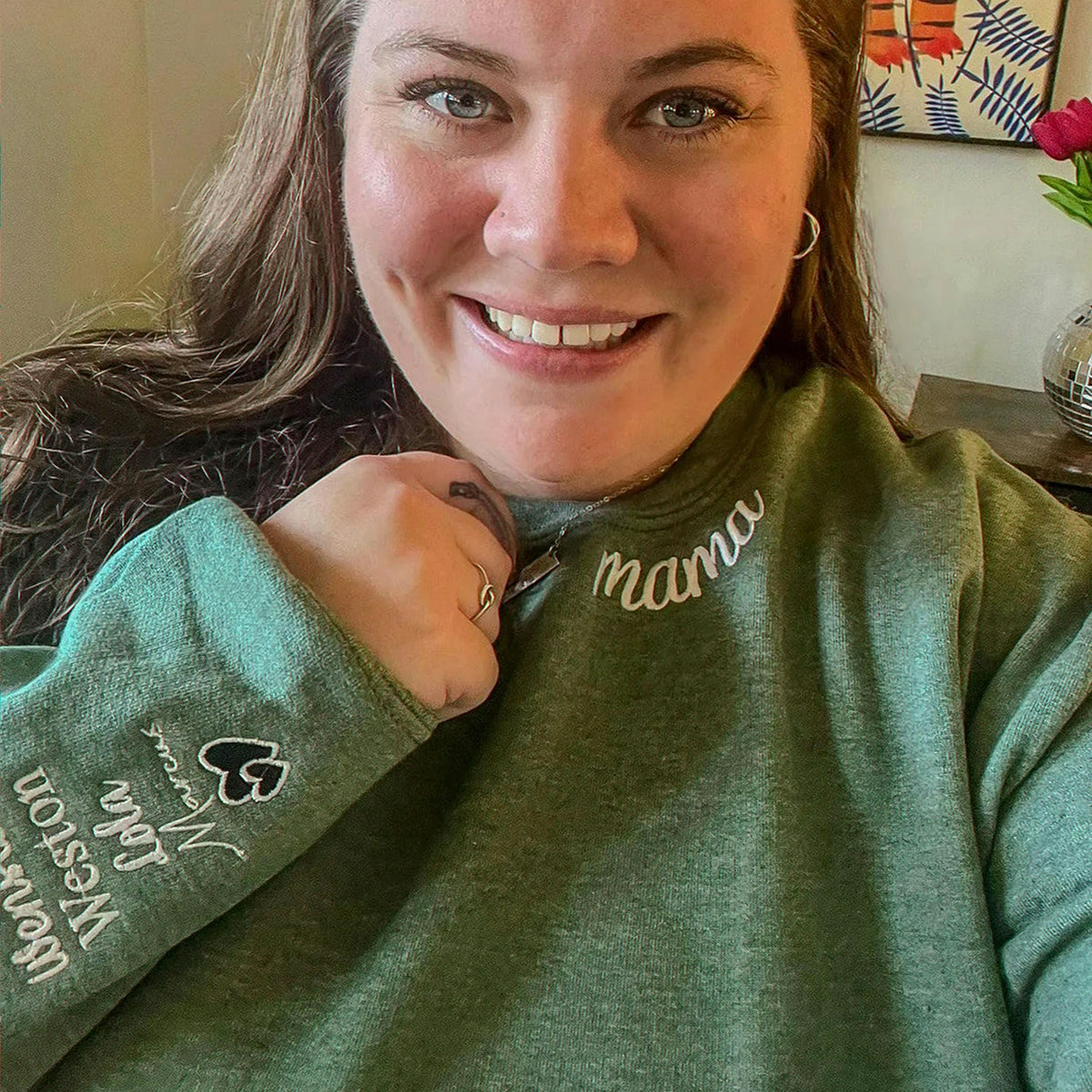 Custom Embroidered Collar & Sleeve Sweatshirt, Personalized Birthday Mama Grandma Auntie Gift