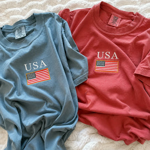 USA Embroidered Comfort Colors Tee for 4th of July, Cute Patriotic Summer Shirt