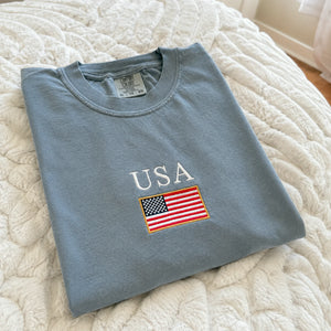 USA Embroidered Comfort Colors Tee for 4th of July, Cute Patriotic Summer Shirt