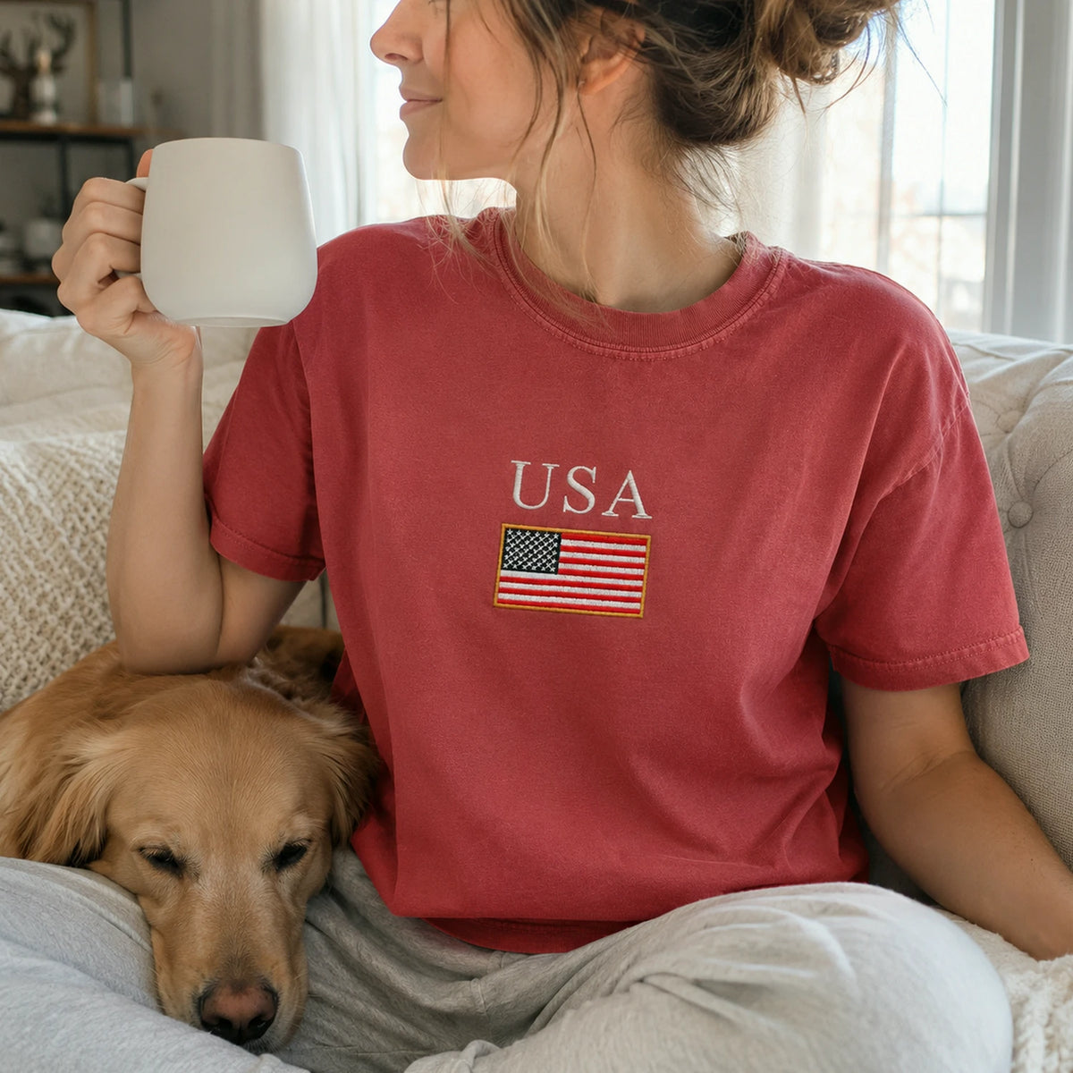 USA Embroidered Comfort Colors Tee for 4th of July, Cute Patriotic Summer Shirt