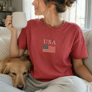 USA Embroidered Comfort Colors Tee for 4th of July, Cute Patriotic Summer Shirt