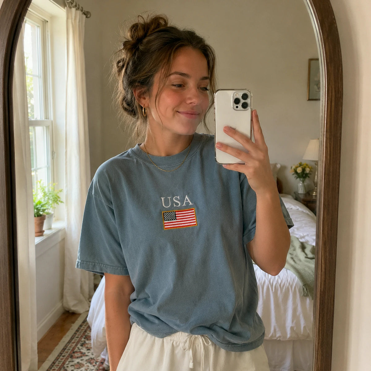 USA Embroidered Comfort Colors Tee for 4th of July, Cute Patriotic Summer Shirt