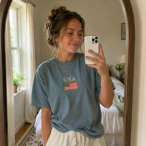 USA Embroidered Comfort Colors Tee for 4th of July, Cute Patriotic Summer Shirt