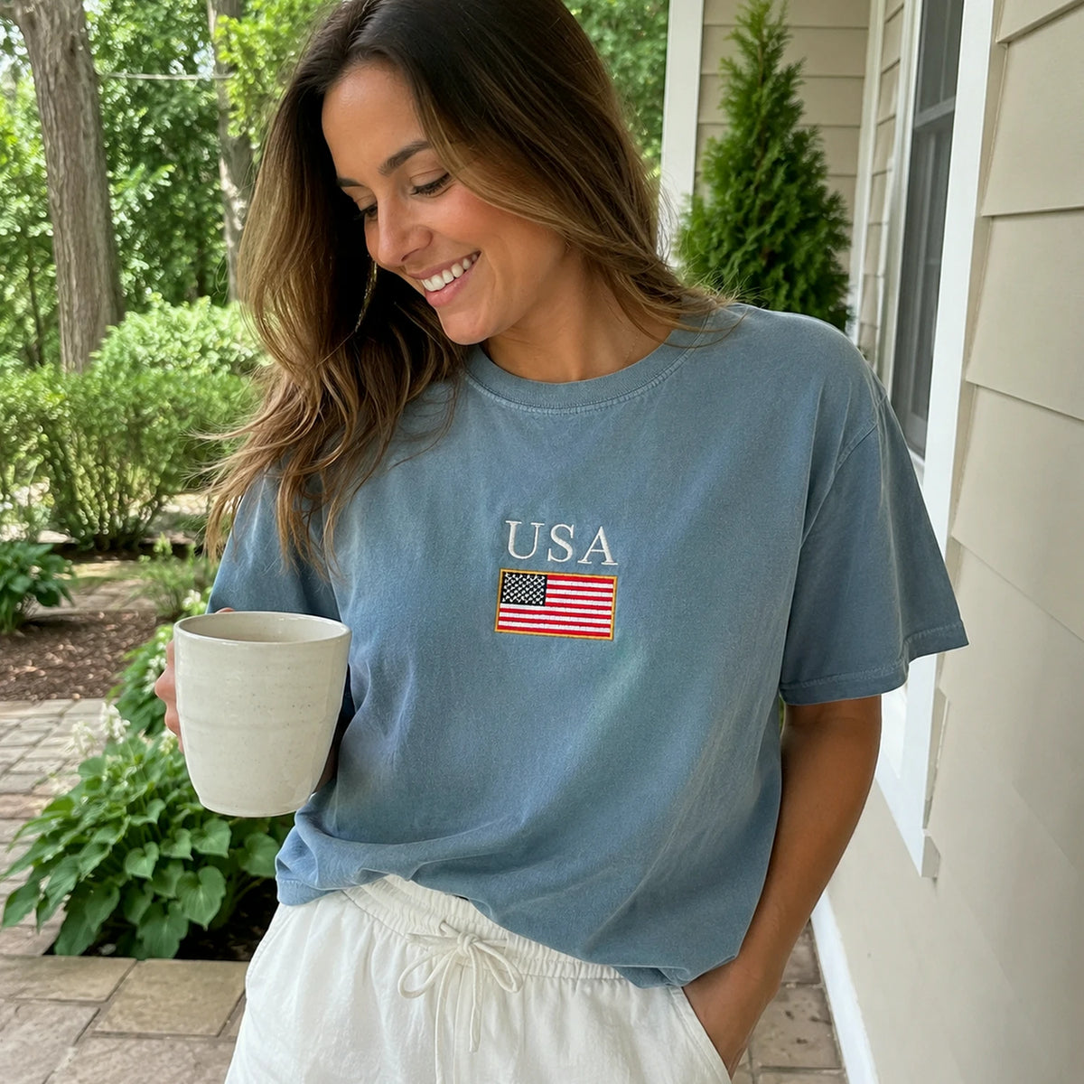 USA Embroidered Comfort Colors Tee for 4th of July, Cute Patriotic Summer Shirt