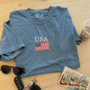 USA Embroidered Comfort Colors Tee for 4th of July, Cute Patriotic Summer Shirt