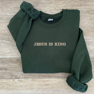 Cutsom Jesus Is King Sweatshirt With Cross on Sleeve, Christian Embroidered Hoodie, Religious Gifts for Her