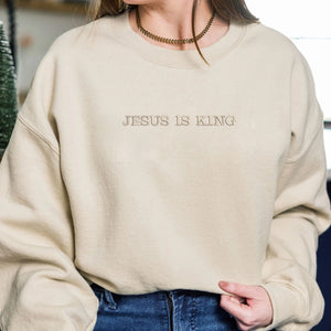 Cutsom Jesus Is King Sweatshirt With Cross on Sleeve, Christian Embroidered Hoodie, Religious Gifts for Her