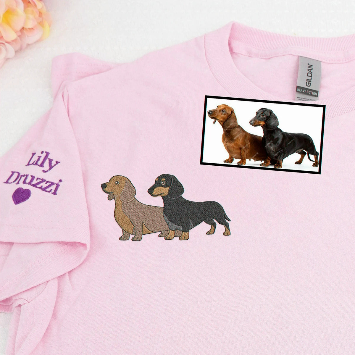 Custom Dachshund Picture T-Shirt - Embroidered Wiener Dog Tee, Doxie Mama Clubs Gift