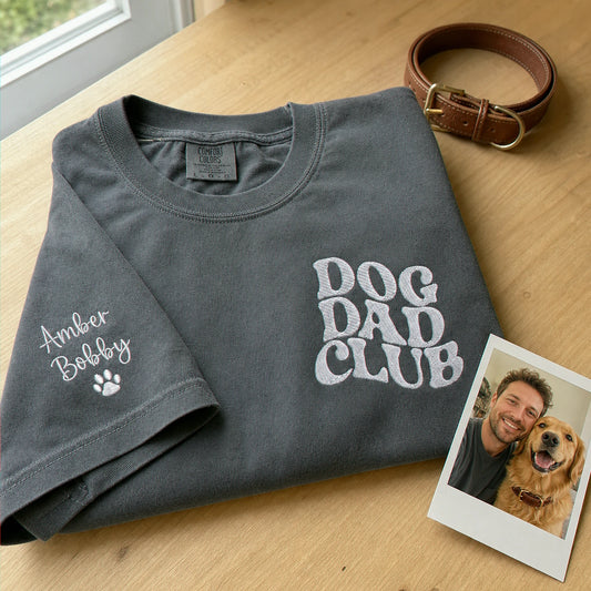 Personalized Dog Dad Club T-shirt - Sleeve Embroidery Pet Name & Icon Tee - Gift for Him