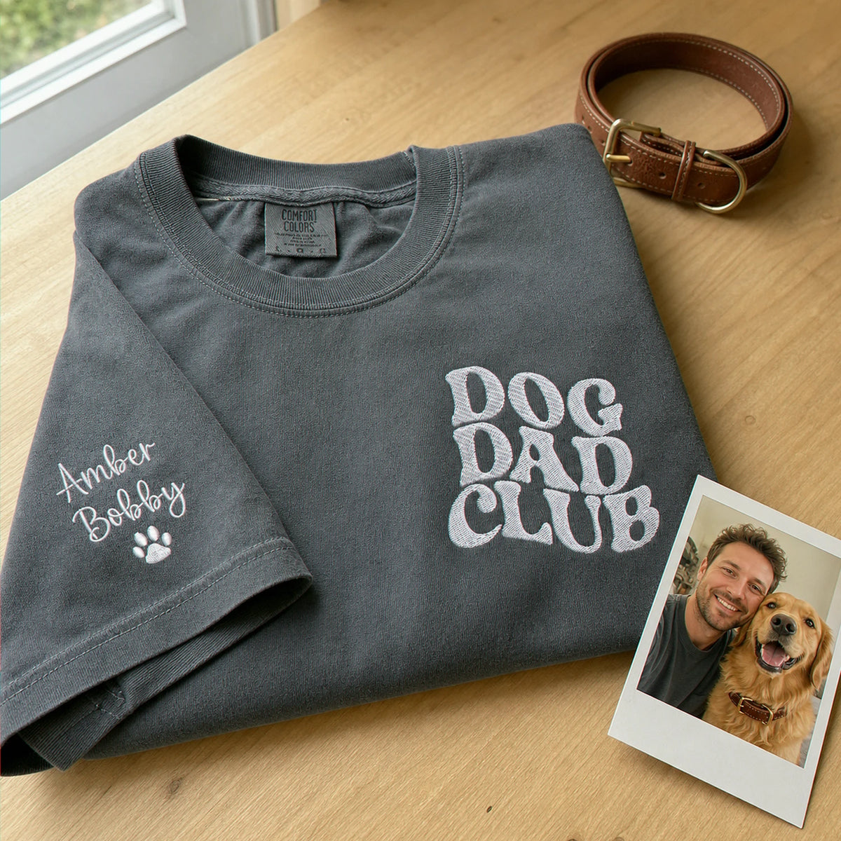 Personalized Dog Dad Club T-shirt - Sleeve Embroidery Pet Name & Icon Tee - Gift for Him