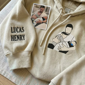 Dad of 2 Photo Portrait Sweatshirt, Personalized Embroidered Hoodie for Twin Dad or Dad of Son & Daughter