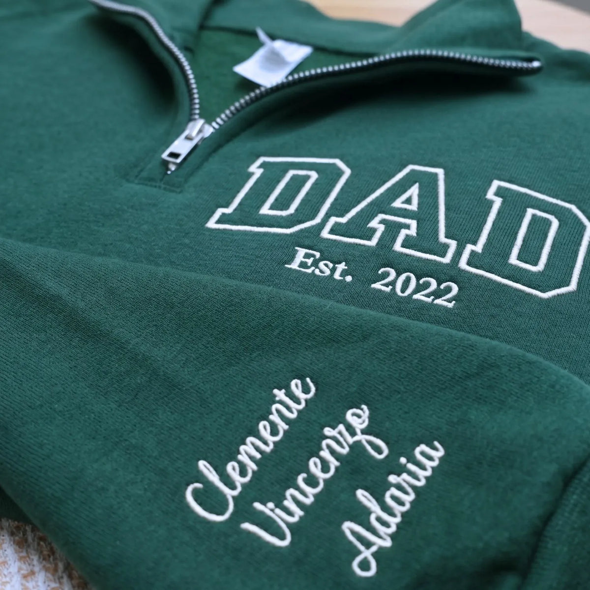 custom embroidered dad quarter zip sweatshirt with personalized name on chest for father gift