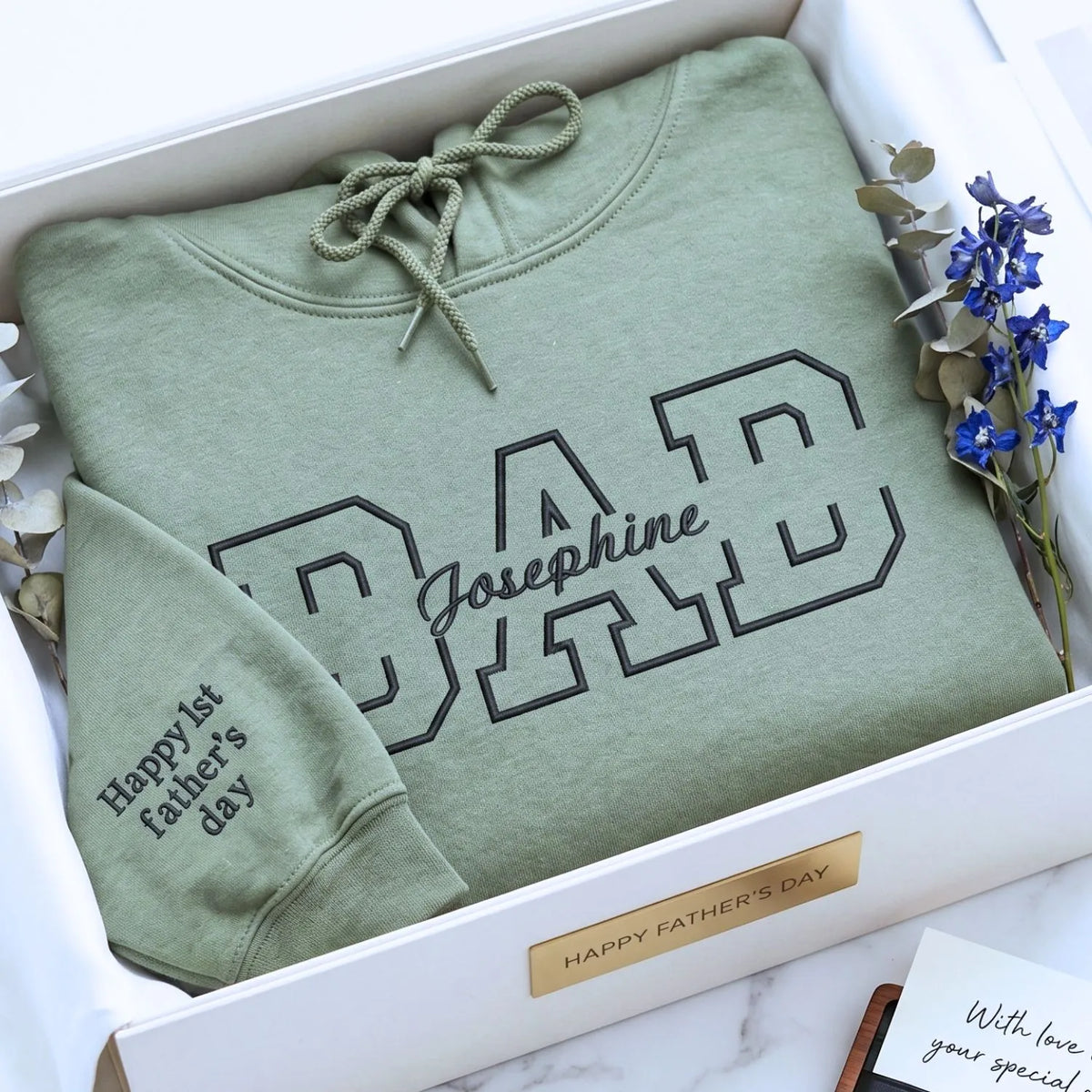 Custom embroidered dad hoodie with kids names on chest personalized Father's Day gift for husband