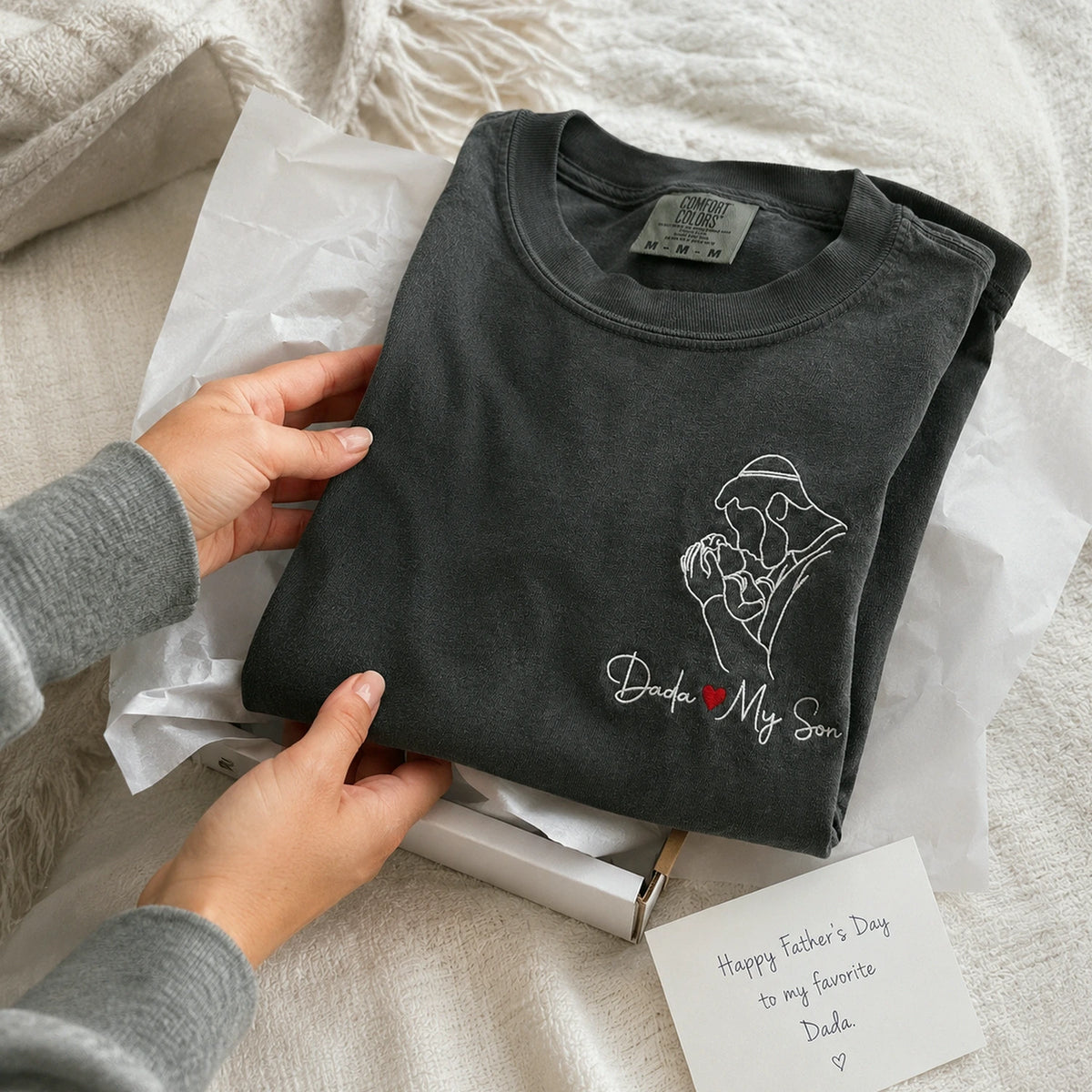 Personalized Dada Photo Line Art T-Shirt Embroidered Outline Gift for Father's Day, Gift from Wife