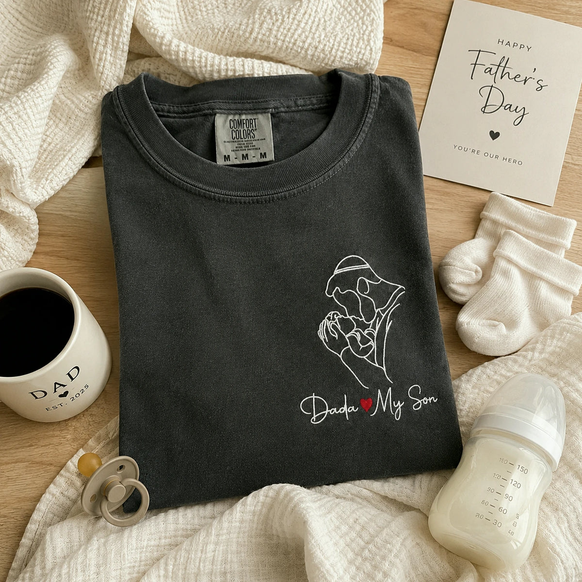 Personalized Dada Photo Line Art T-Shirt Embroidered Outline Gift for Father's Day, Gift from Wife