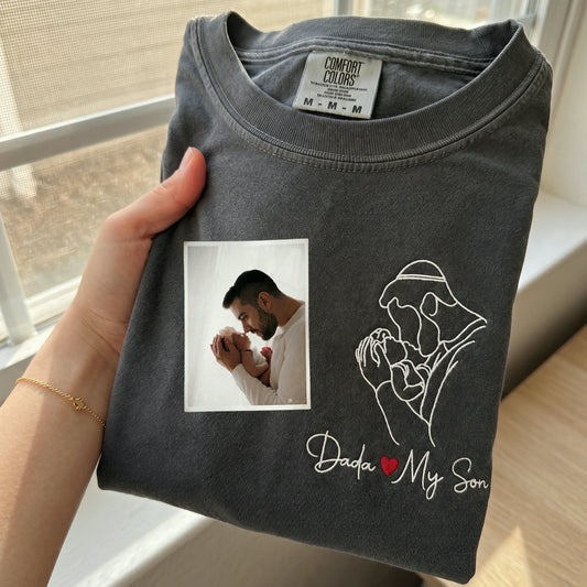 Personalized Dada Photo Line Art T-Shirt Embroidered Outline Gift for Father's Day, Gift from Wife