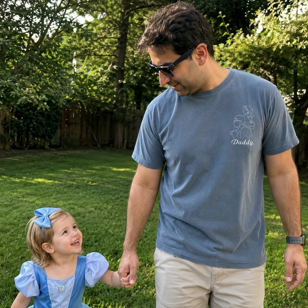 Personalized Daddy Line Art T-Shirt with Custom Embroidered Photo Outline Gift for Father's Day, Gift from Wife