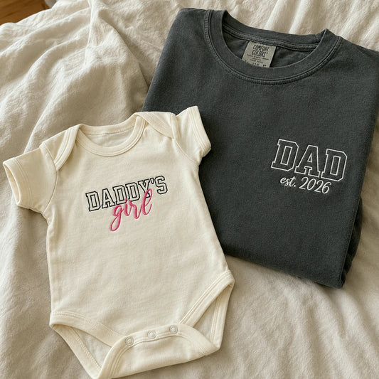 Daddy and Daughter Matching T-Shirt, Baby Onesie or Set - Embroidered Father's Day Gift for New Girl Dad