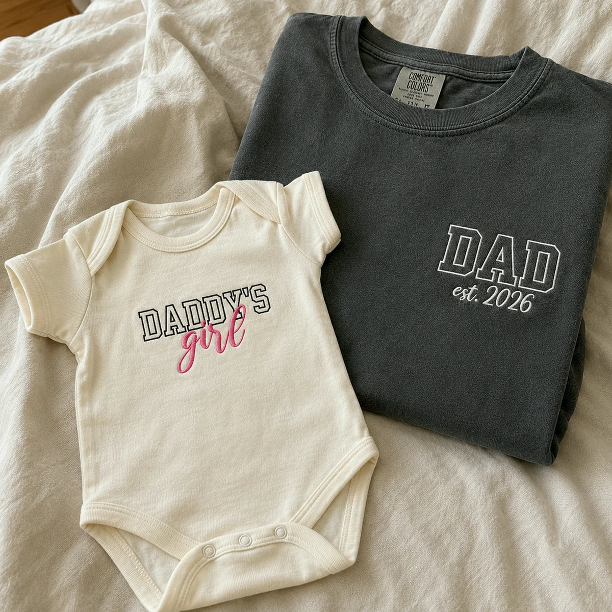 Daddy and Daughter Matching T-Shirt, Baby Onesie or Set - Embroidered Father's Day Gift for New Girl Dad