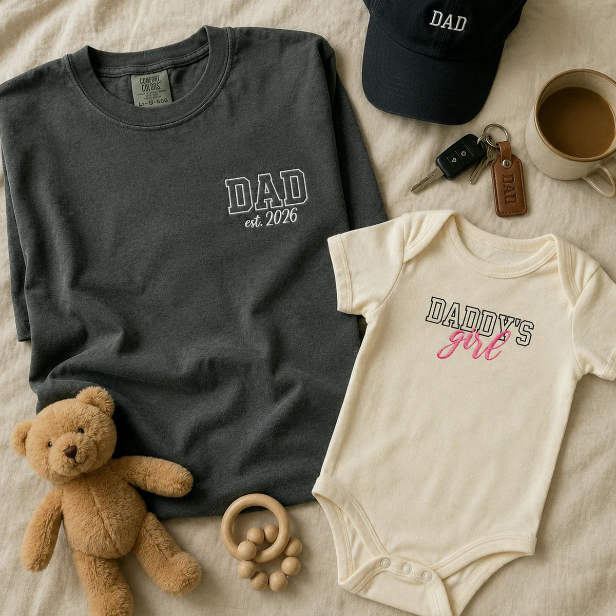 Daddy and Daughter Matching T-Shirt, Baby Onesie or Set - Embroidered Father's Day Gift for New Girl Dad