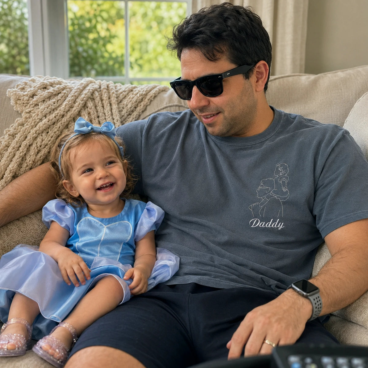 Personalized Daddy Line Art T-Shirt with Custom Embroidered Photo Outline Gift for Father's Day, Gift from Wife
