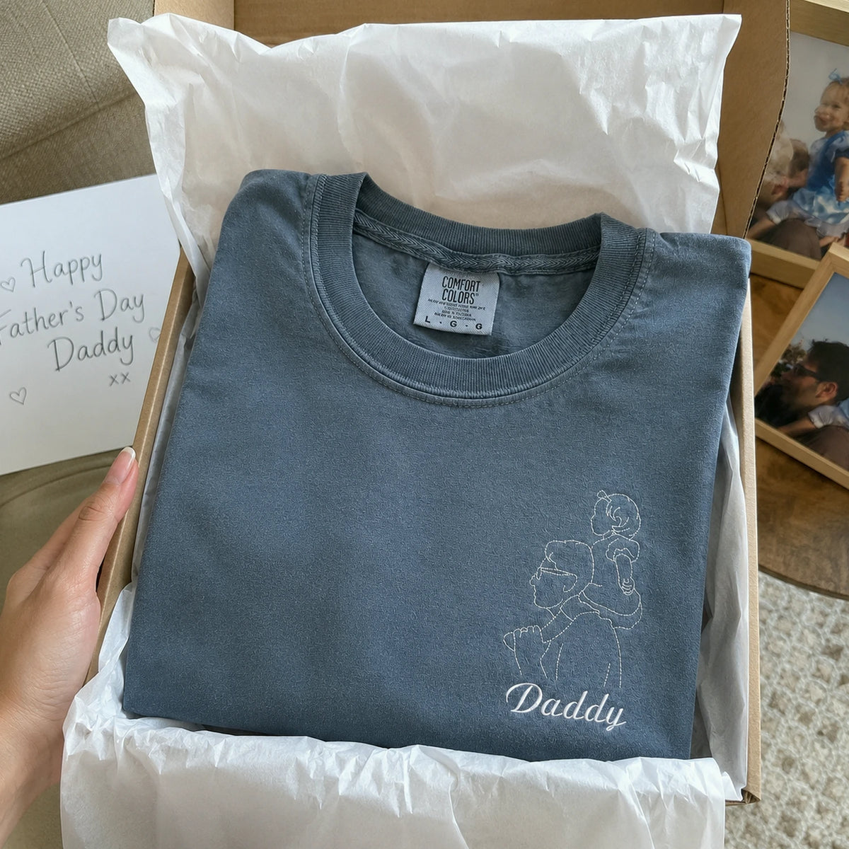 Personalized Daddy Line Art T-Shirt with Custom Embroidered Photo Outline Gift for Father's Day, Gift from Wife