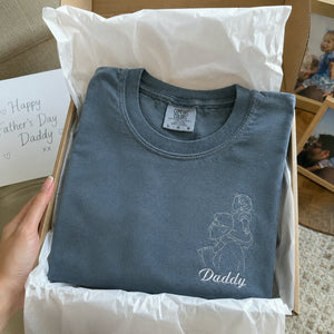 Personalized Daddy Line Art T-Shirt with Custom Embroidered Photo Outline Gift for Father's Day, Gift from Wife