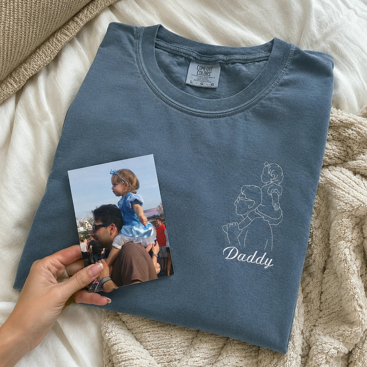 Personalized Daddy Line Art T-Shirt with Custom Embroidered Photo Outline Gift for Father's Day, Gift from Wife