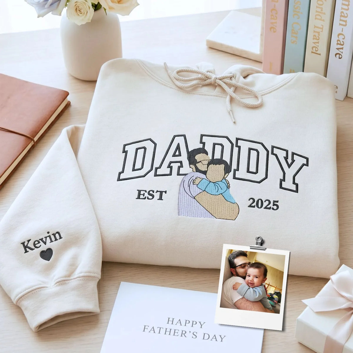 custom embroidered daddy sweatshirt with kids photo portrait gift for father's day