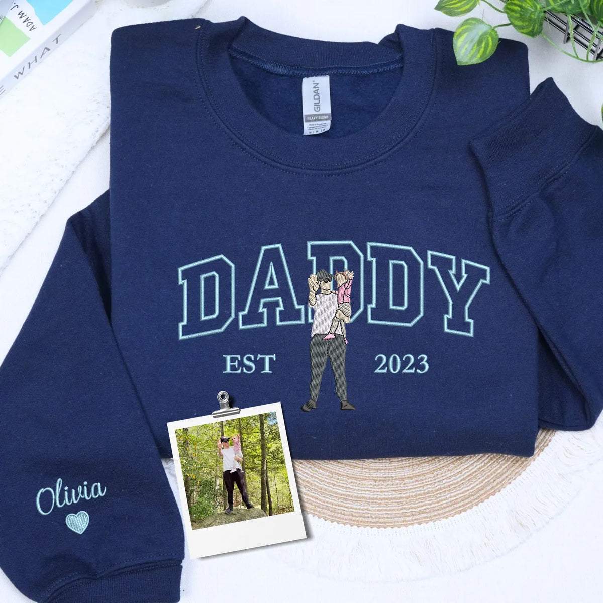 custom embroidered daddy sweatshirt with kids photo portrait gift for father's day