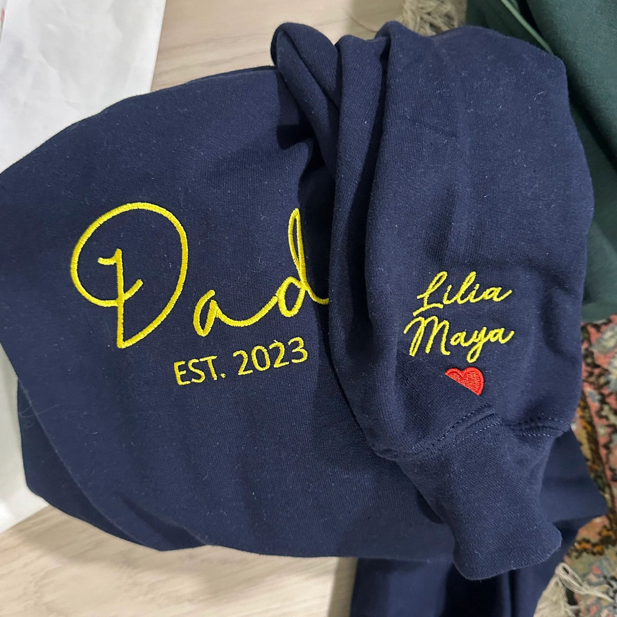 Dad Est Sweatshirt or Hoodie, Embroidered Gift for Dad with Kids Name on Sleeve