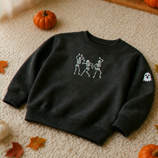 Personalized Toddler Halloween Sweatshirt for Preschool Parade - Embroidered Dancing Skeleton Pullover