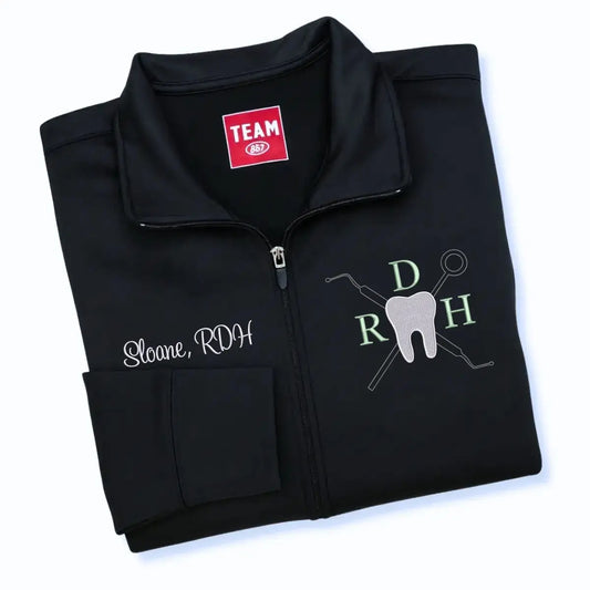 Custom embroidered dental hygienist jacket with name and RDH title