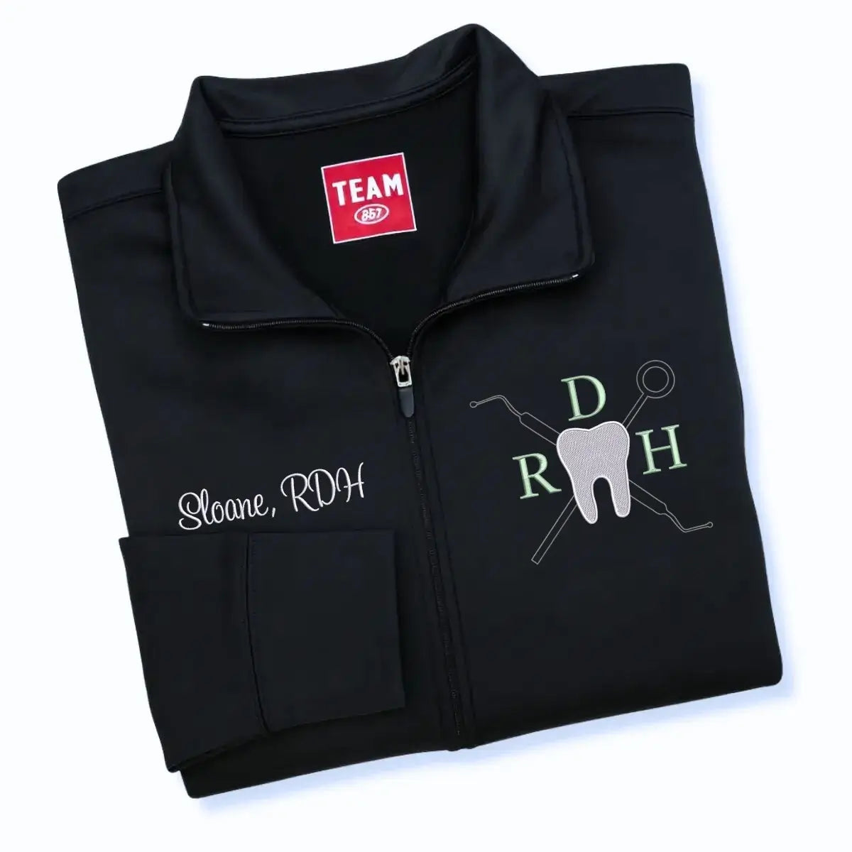 Custom embroidered dental hygienist jacket with name and RDH title