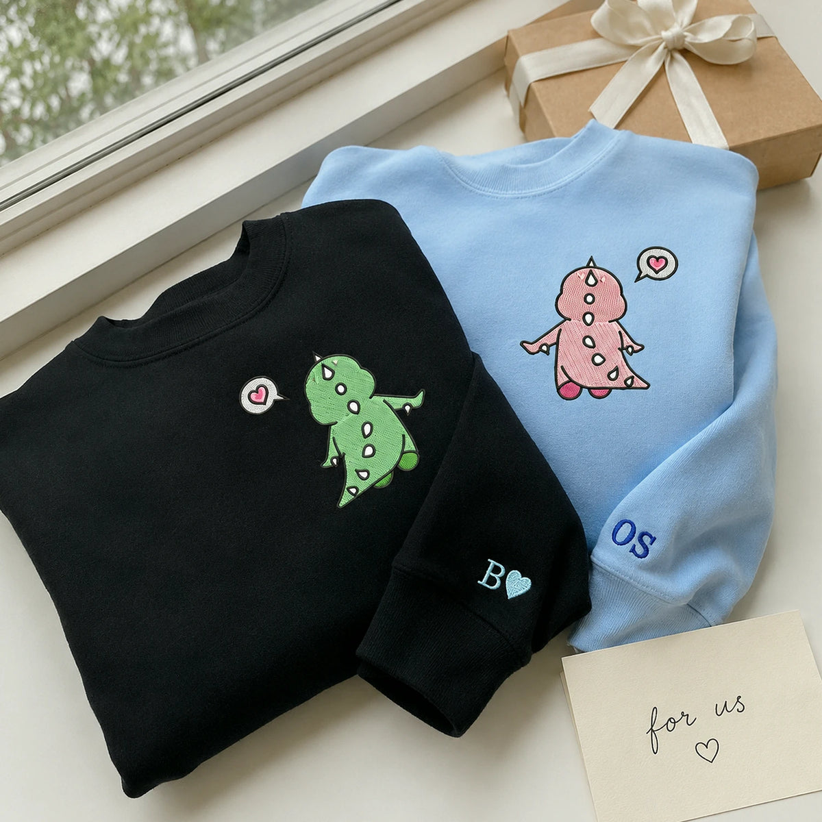 Matching Dinosaur Hoodies for Couples, Custom Name Sleeve Embroidered Gift