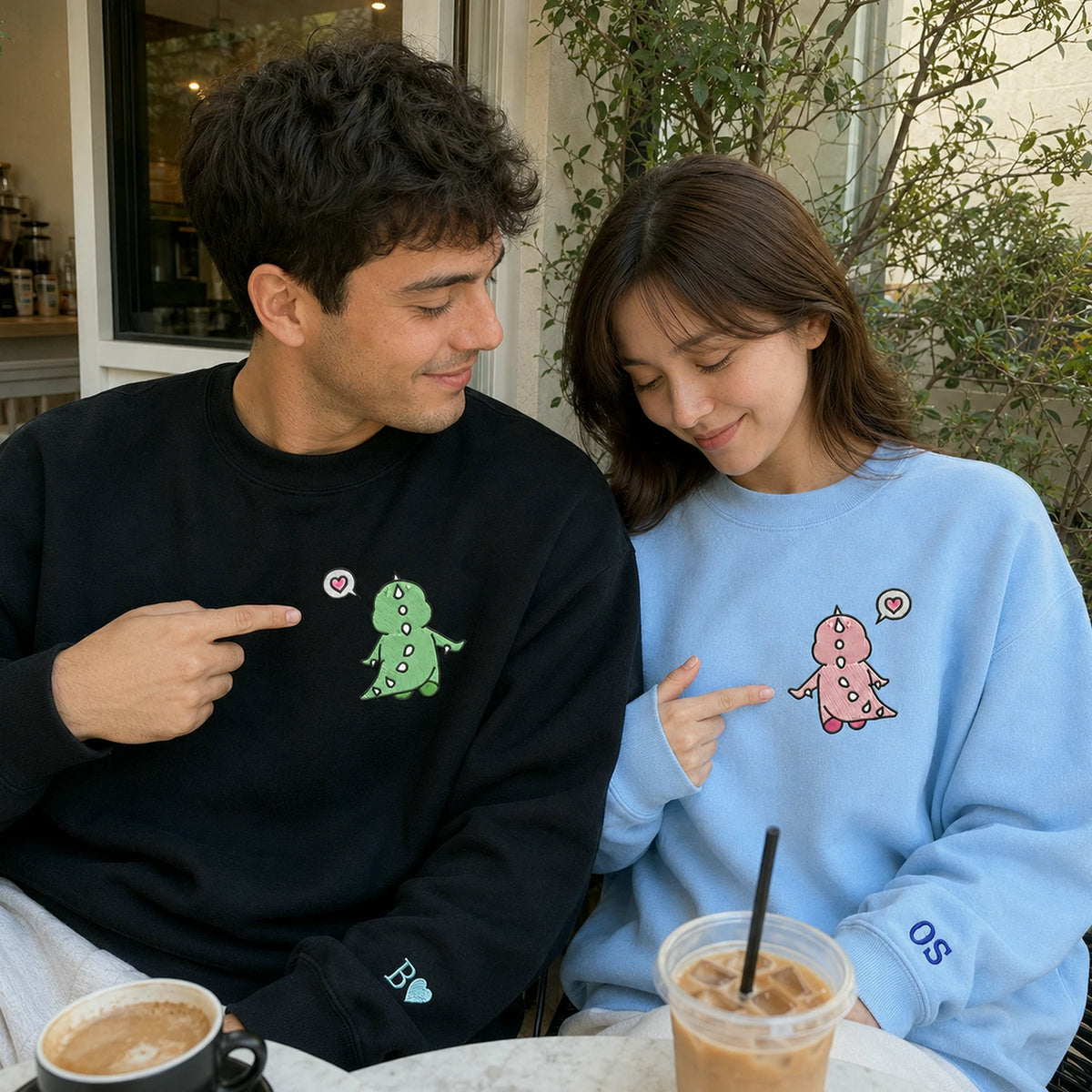 Matching Dinosaur Hoodies for Couples, Custom Name Sleeve Embroidered Gift