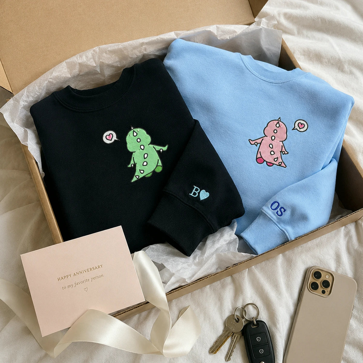 Matching Dinosaur Hoodies for Couples, Custom Name Sleeve Embroidered Gift
