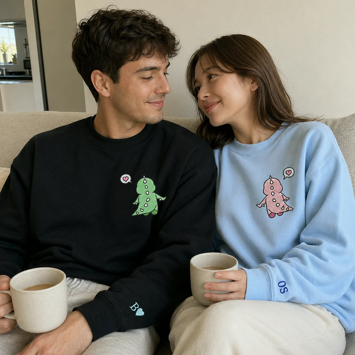 Matching Dinosaur Hoodies for Couples, Custom Name Sleeve Embroidered Gift