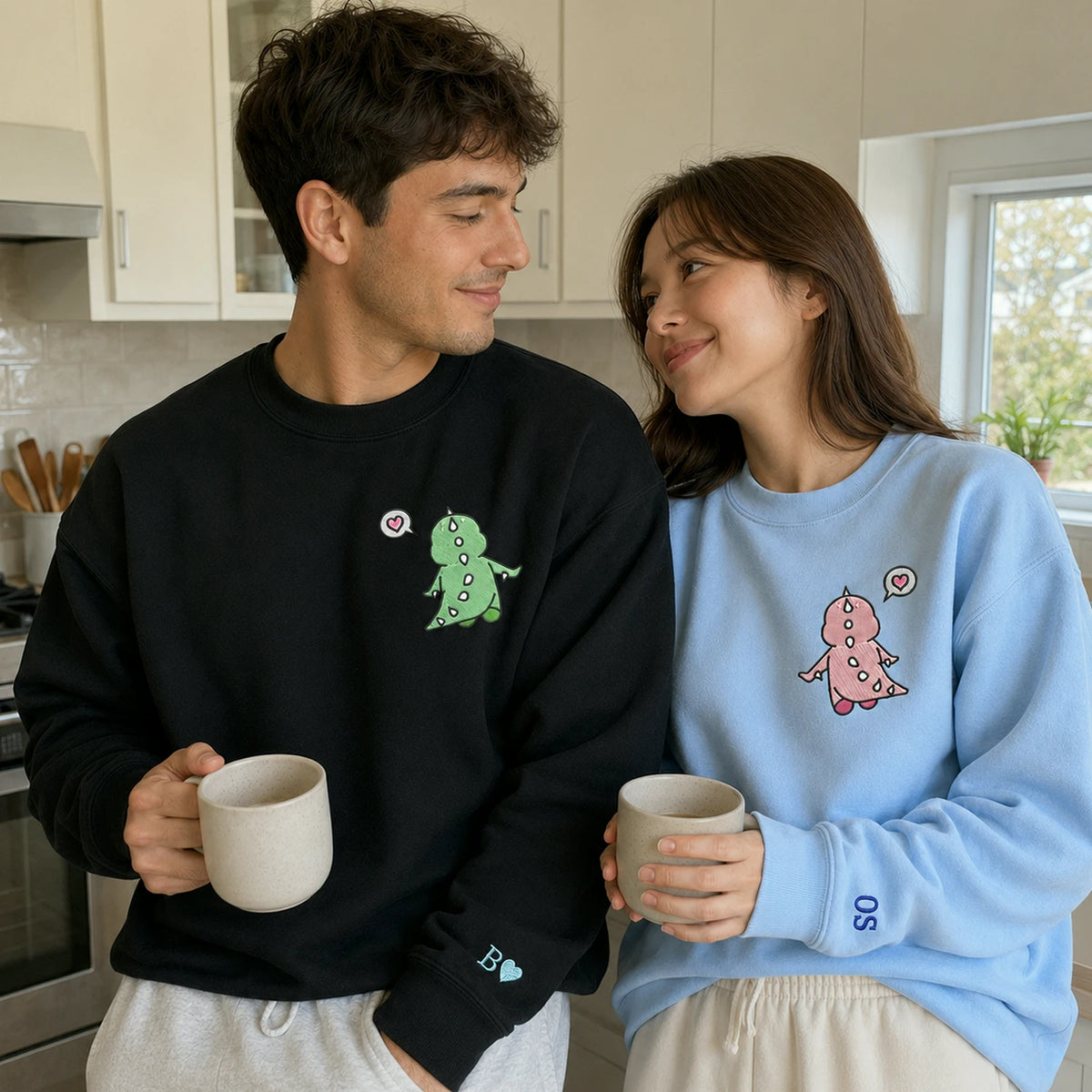 Matching Dinosaur Hoodies for Couples, Custom Name Sleeve Embroidered Gift