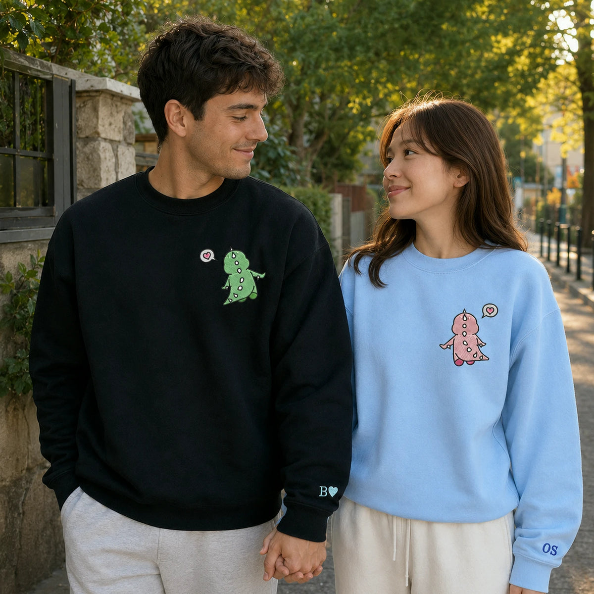 Matching Dinosaur Hoodies for Couples, Custom Name Sleeve Embroidered Gift