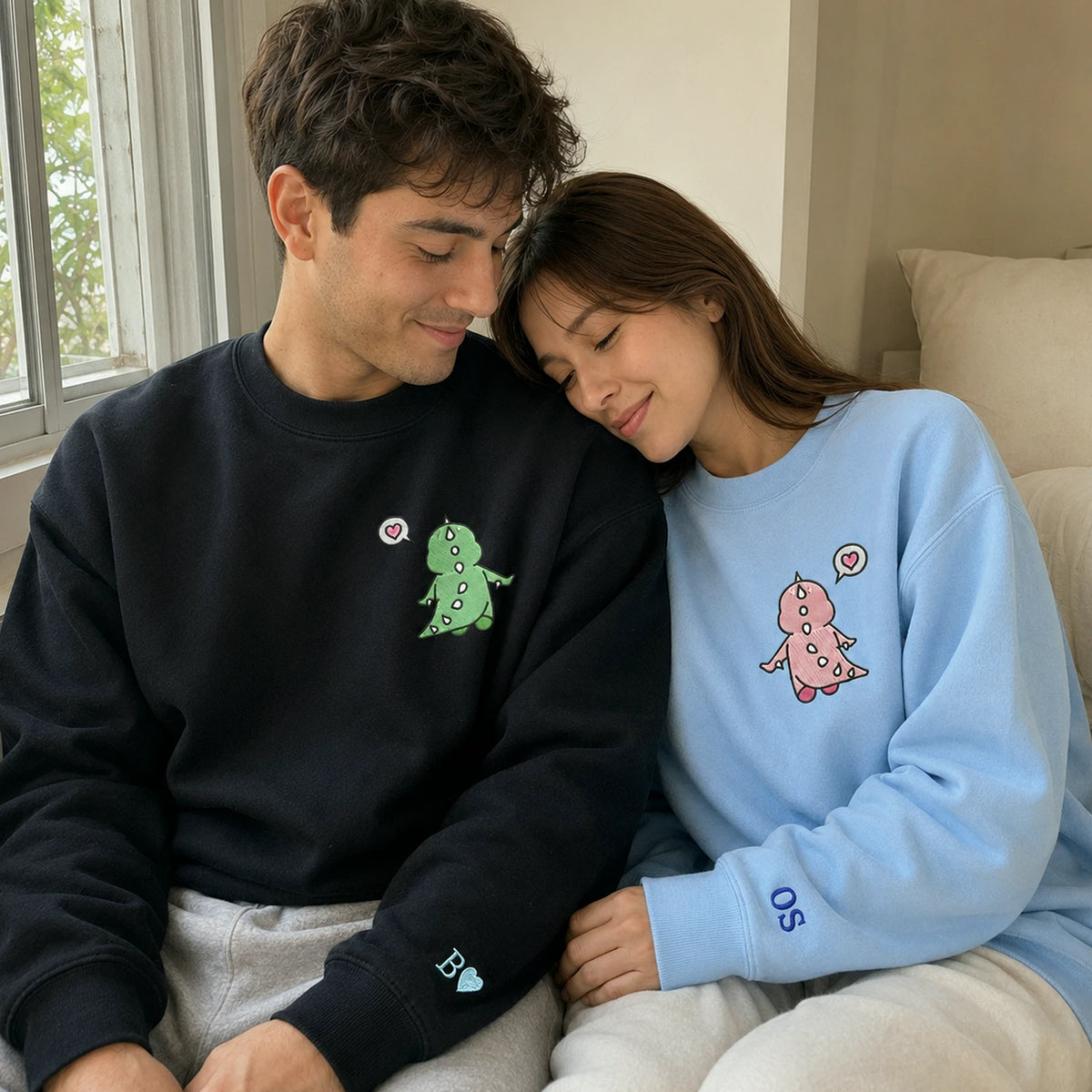 Matching Dinosaur Hoodies for Couples, Custom Name Sleeve Embroidered Gift