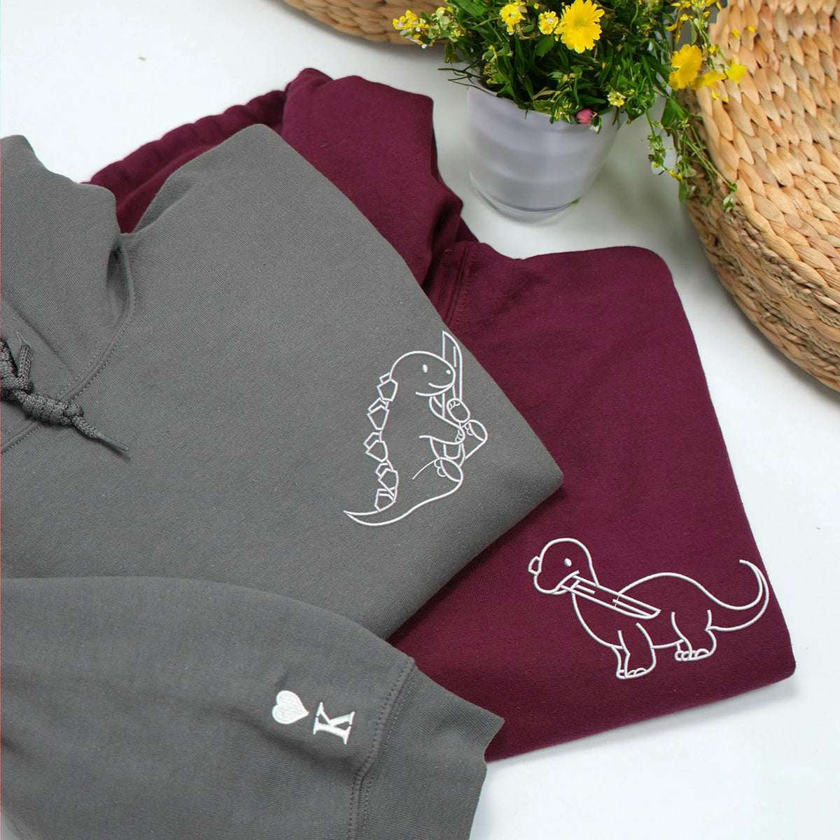 Embroidered Knife Dinosaur Matching Couple Hoodies - Boyfriend Girlfriend Gift
