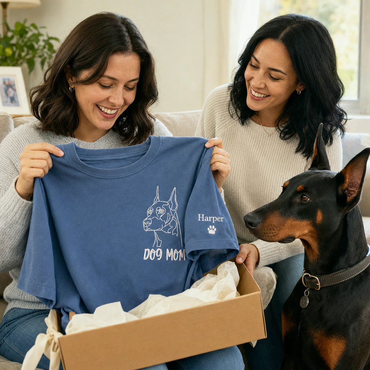 Custom Doberman Outline T-Shirt - Minimalist Embroidered Pet Photo Line Art Tee & Name for Dog Parent