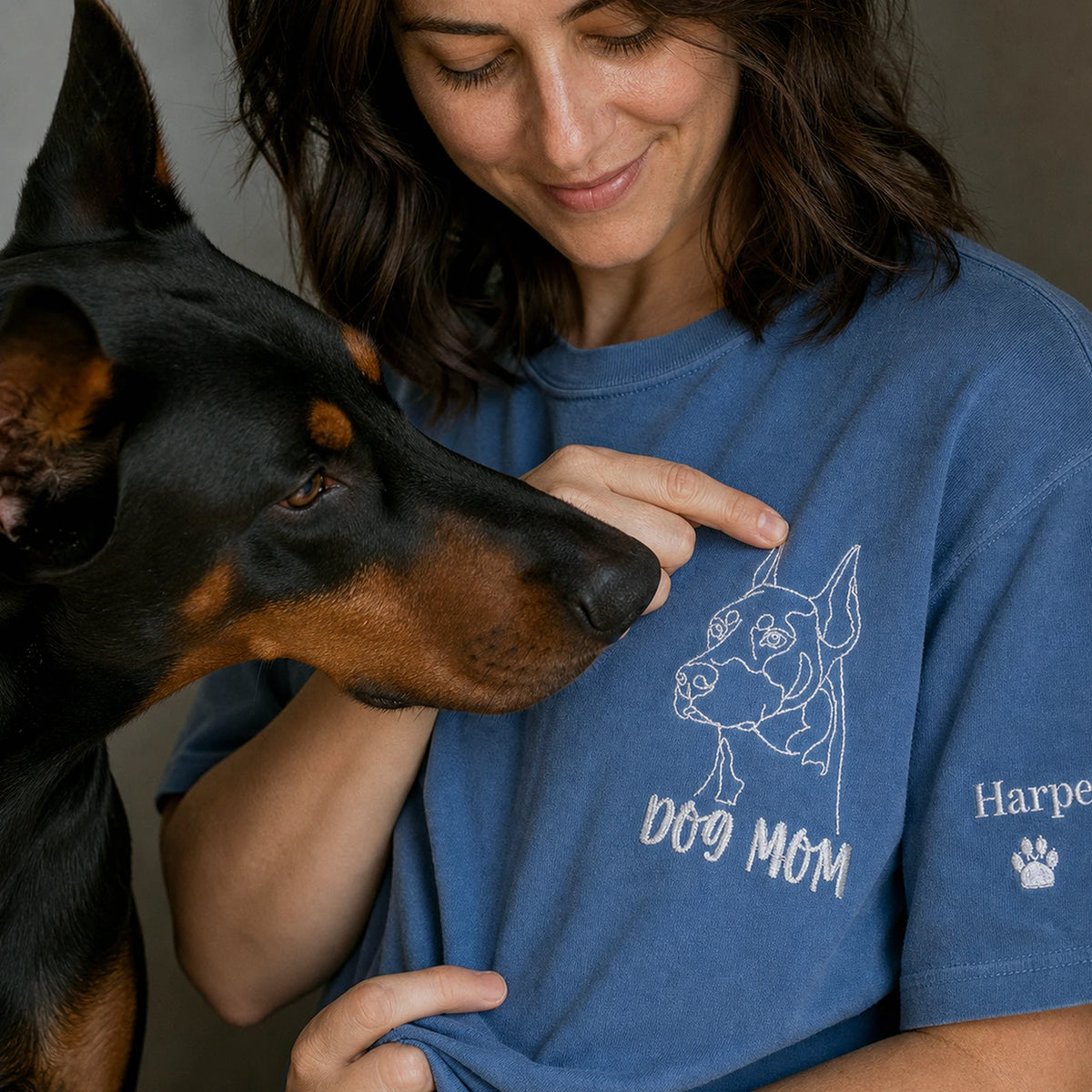 Custom Doberman Outline T-Shirt - Minimalist Embroidered Pet Photo Line Art Tee & Name for Dog Parent