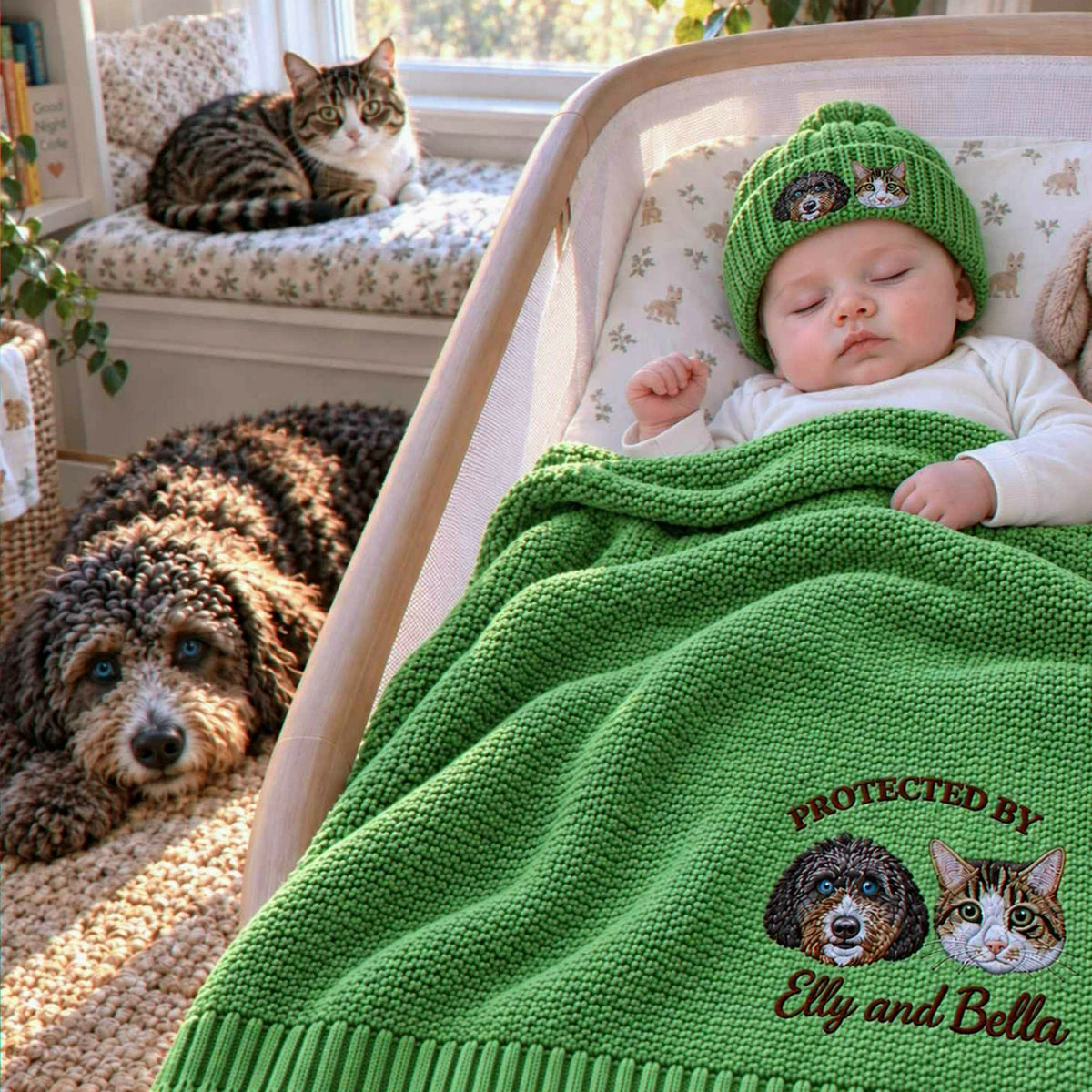 Sleeping baby under a green knit blanket embroidered with dog and cat portraits, with the family pets nearby, a personalized baby shower gift for pet lovers.