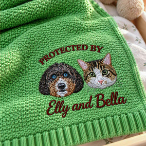 Custom Protected By Pets Baby Blanket, Embroidered Dog & Cat Portrait from Photo Throw, First Grandbaby Gift