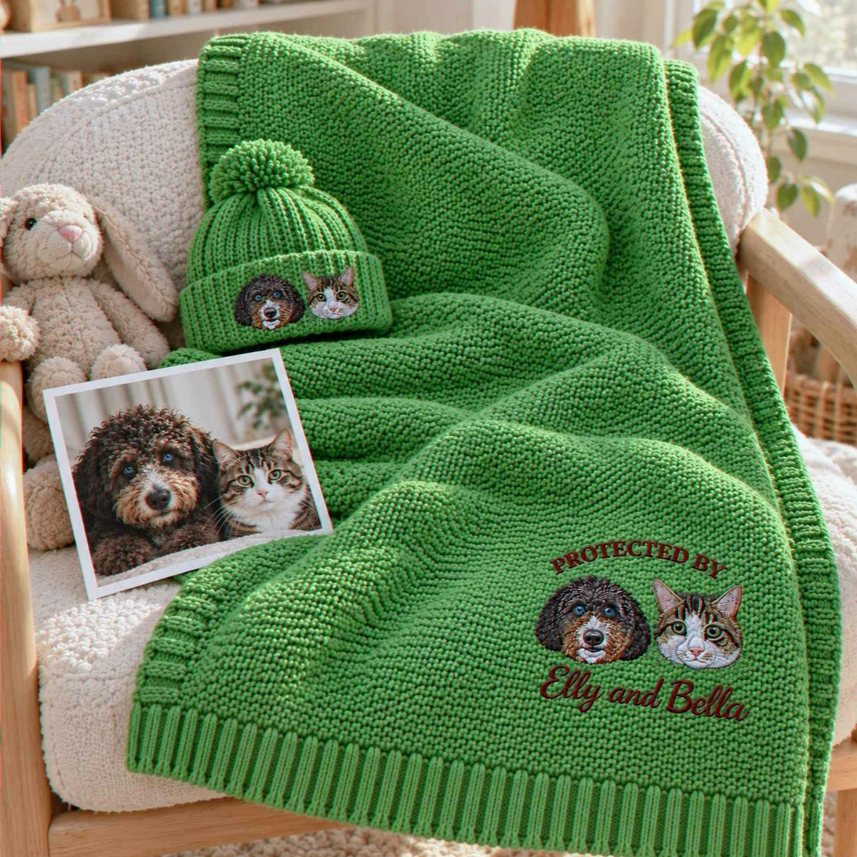 Custom Protected By Pets Baby Blanket, Embroidered Dog & Cat Portrait from Photo Throw, First Grandbaby Gift