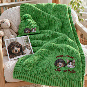 Custom Protected By Pets Baby Blanket, Embroidered Dog & Cat Portrait from Photo Throw, First Grandbaby Gift