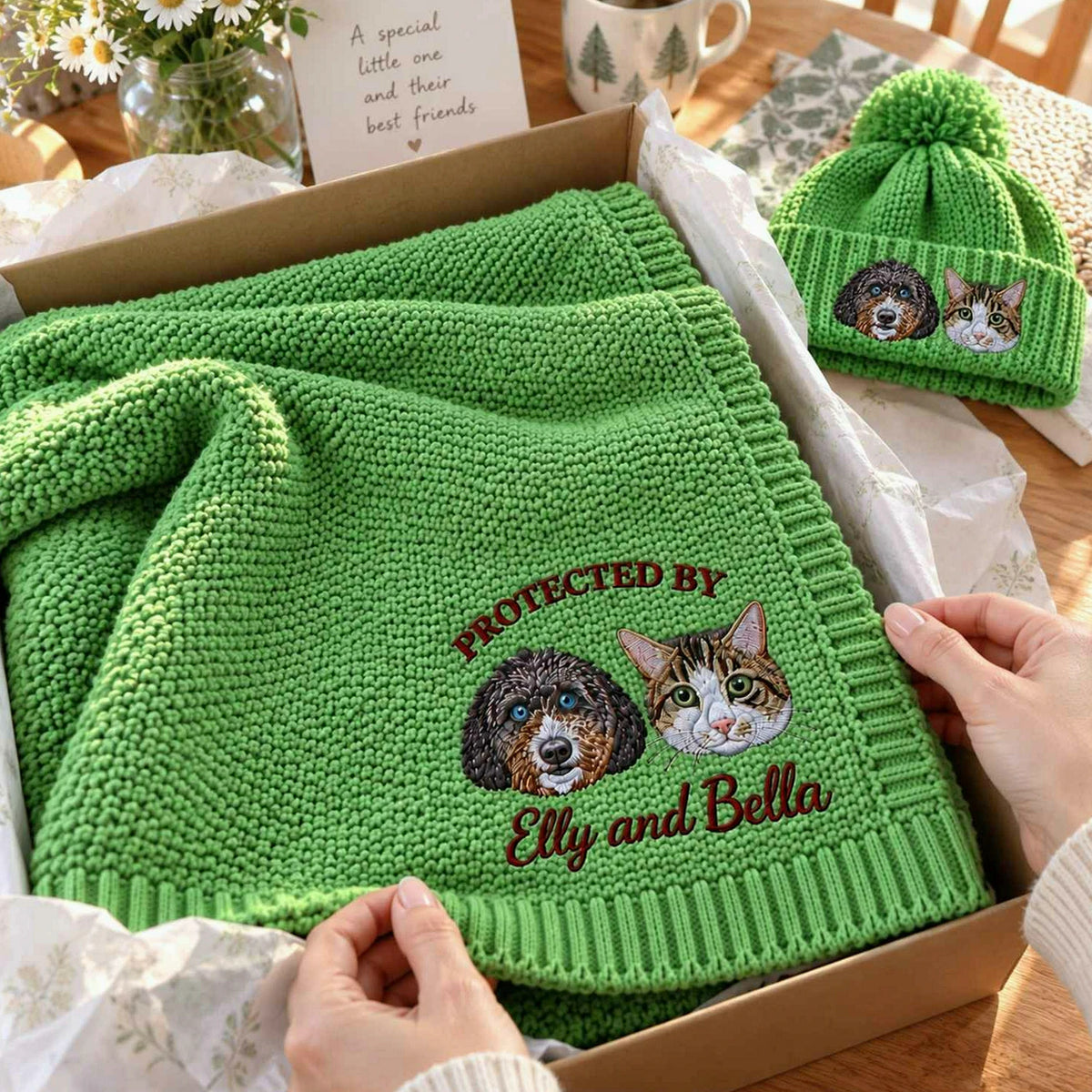 Custom Protected By Pets Baby Blanket, Embroidered Dog & Cat Portrait from Photo Throw, First Grandbaby Gift